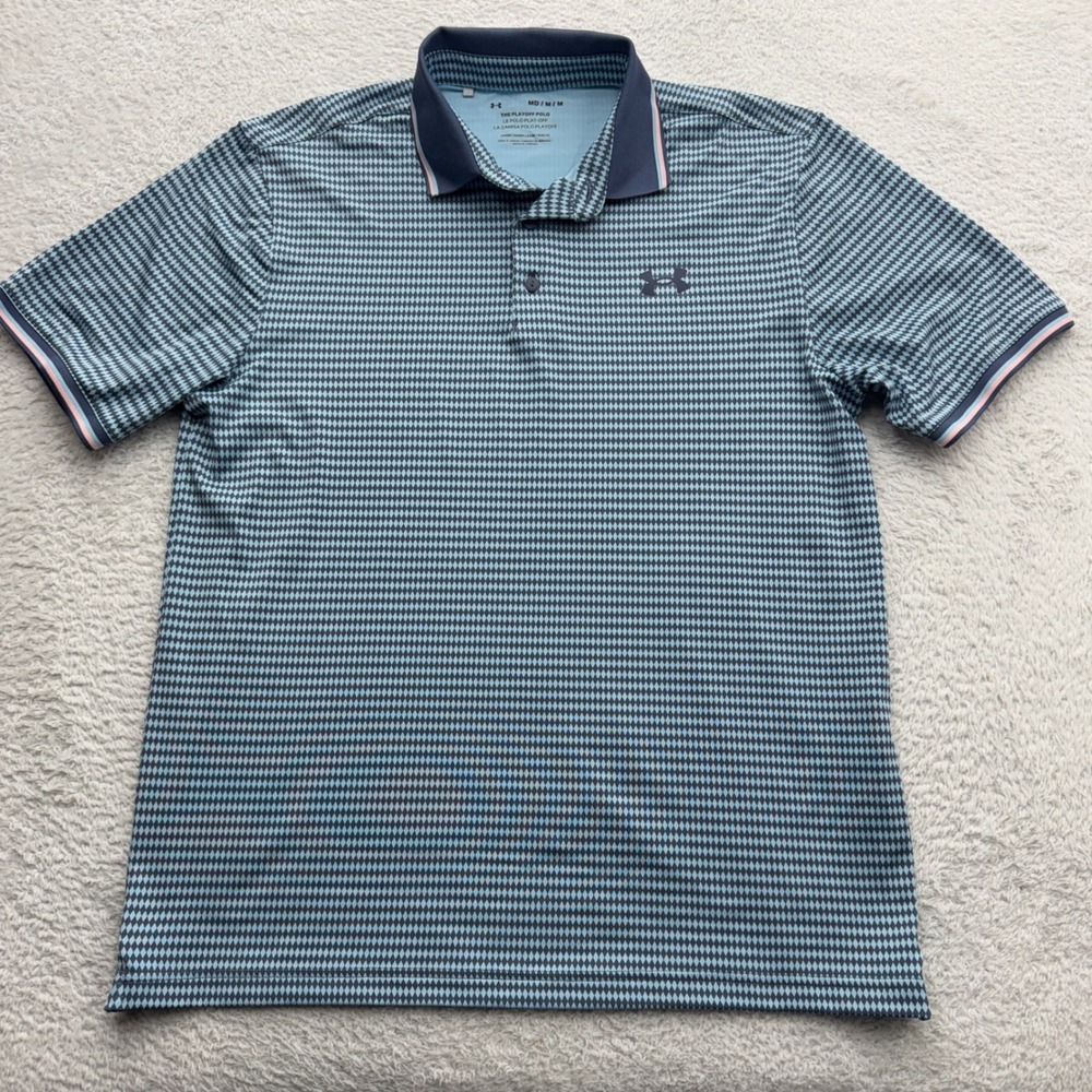 Under Armour Mens Playoff Polo Blue Geometric Diamond Golf Shirt 1380787 Size M